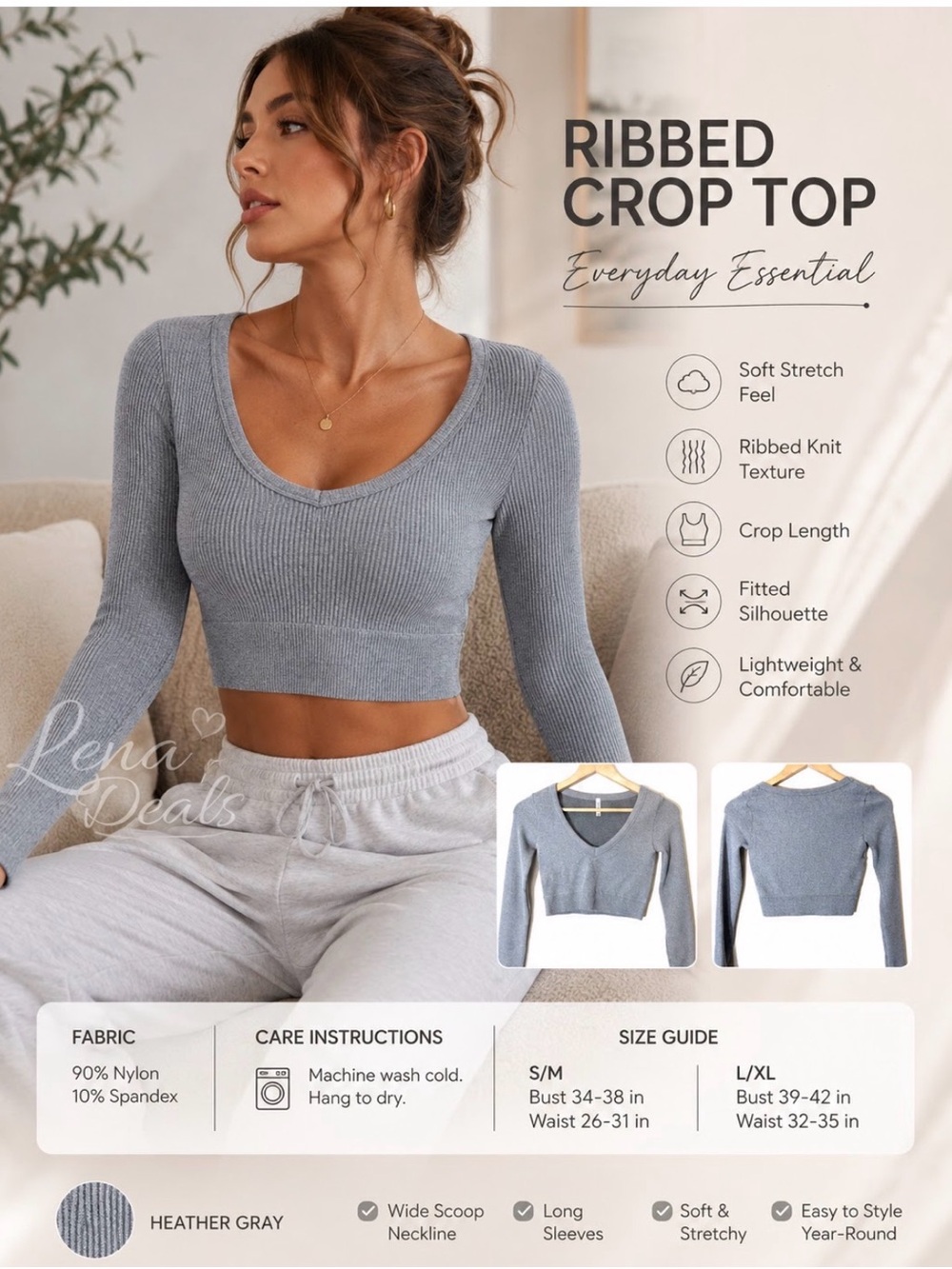 Zenana Heather Ribbed Scoop Neck Crop Top Gray Sz S/M - L/XL, long sleeved Soft